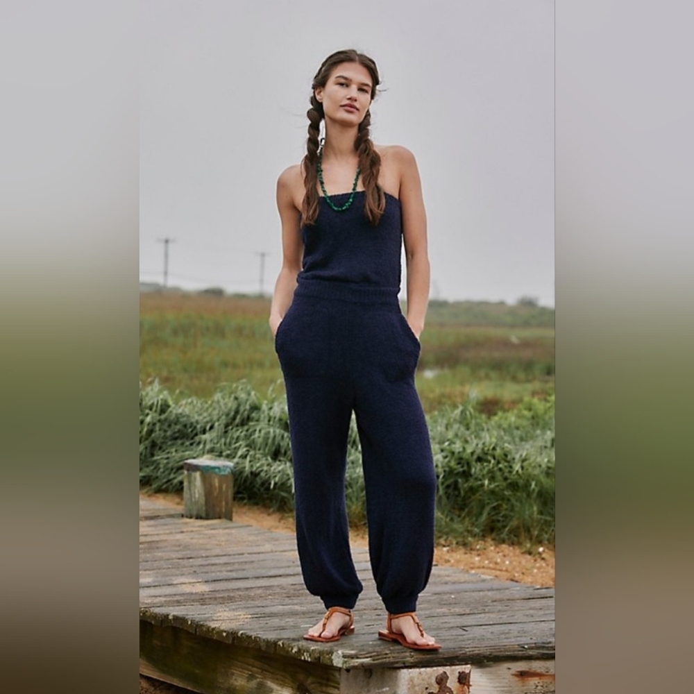 Free People FP beach Claire black terry‎ cloth strapless one-piece jumpsuit new